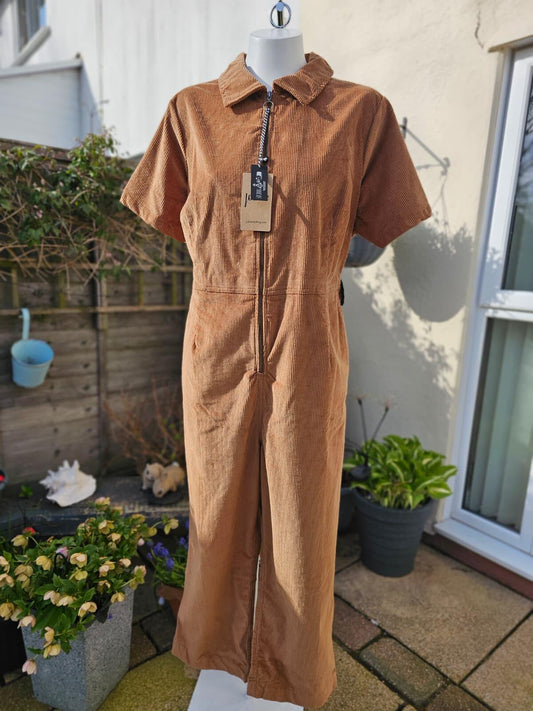 Joanie Women's Robin Short Sleeve Corduroy Zip UP Boilersuit/Jump Suit -20-Brown