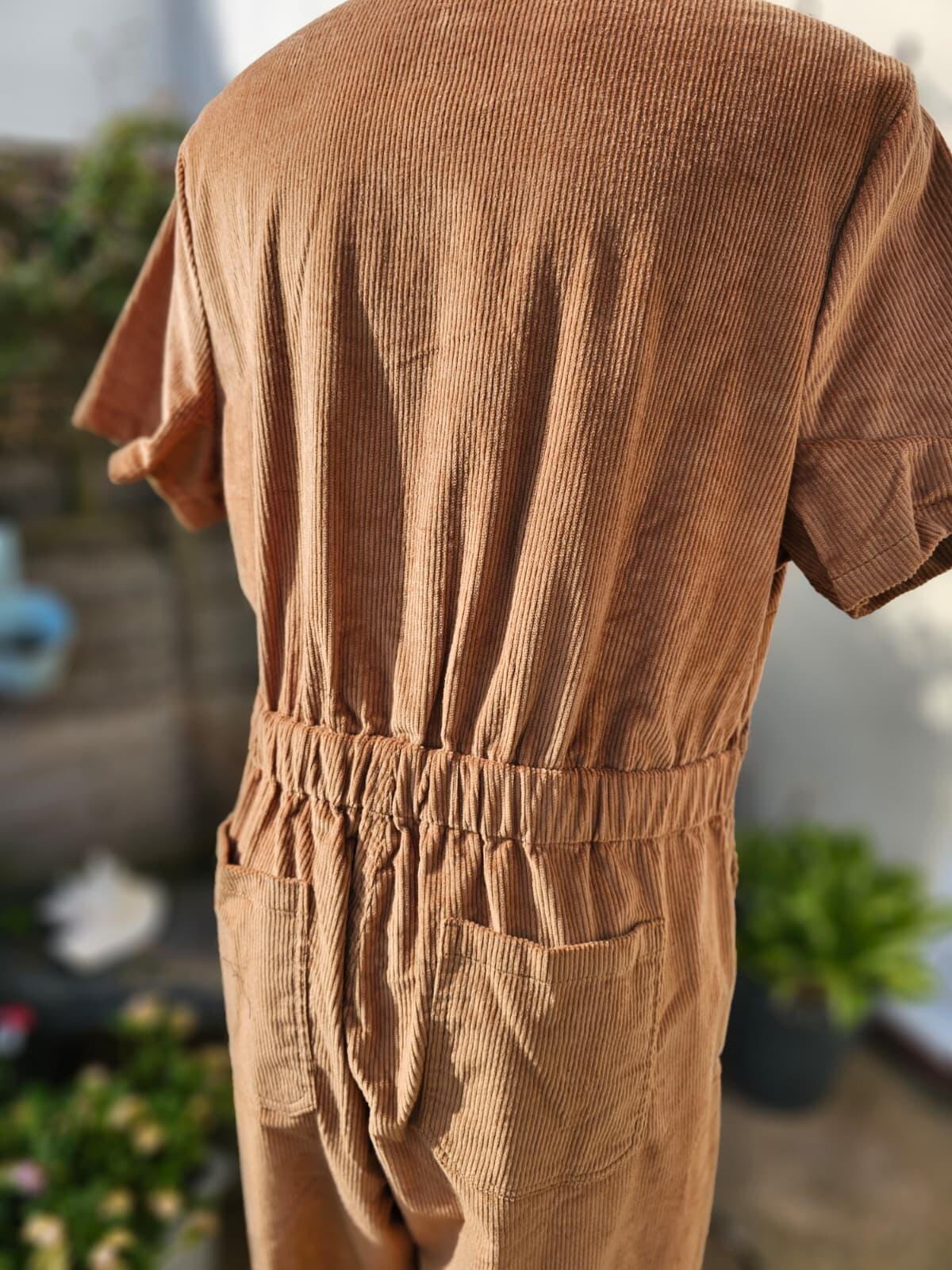 Joanie Women's Robin Short Sleeve Corduroy Zip UP Boilersuit/Jump Suit -20-Brown