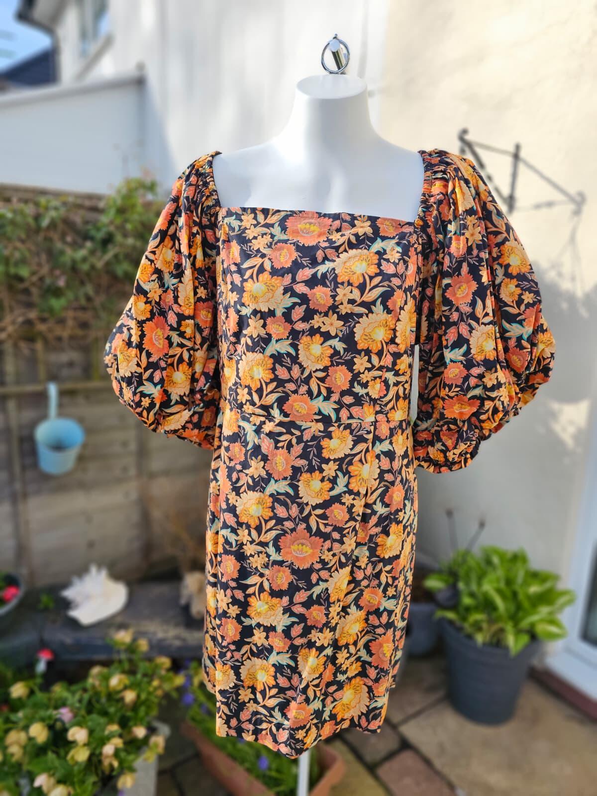 Joanie Penny Floral Print Square Neck Puff Sleeve Spring Dress - UK 24