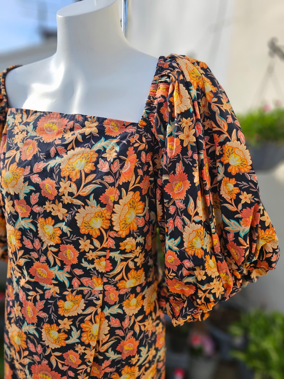 Joanie Penny Floral Print Square Neck Puff Sleeve Spring Dress - UK 24
