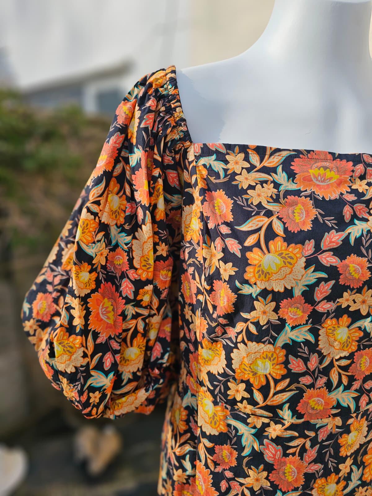 Joanie Penny Floral Print Square Neck Puff Sleeve Spring Dress - UK 24