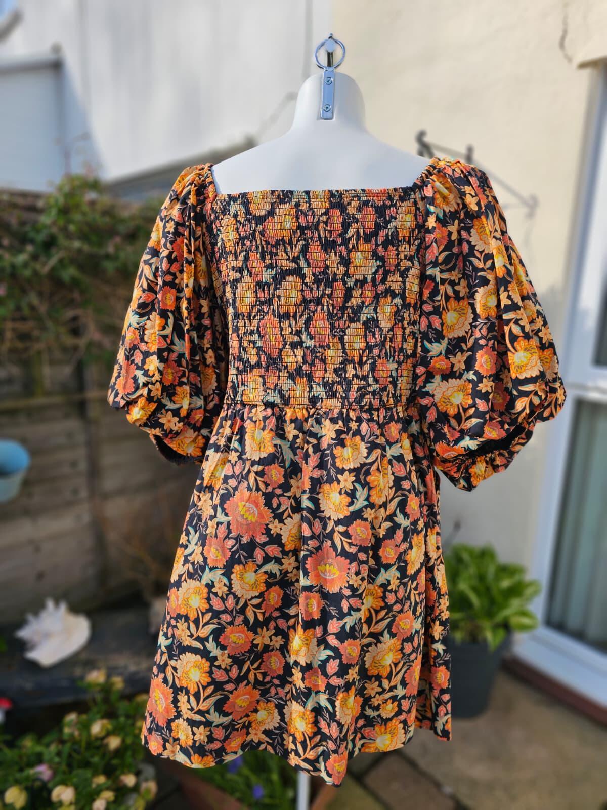 Joanie Penny Floral Print Square Neck Puff Sleeve Spring Dress - UK 24