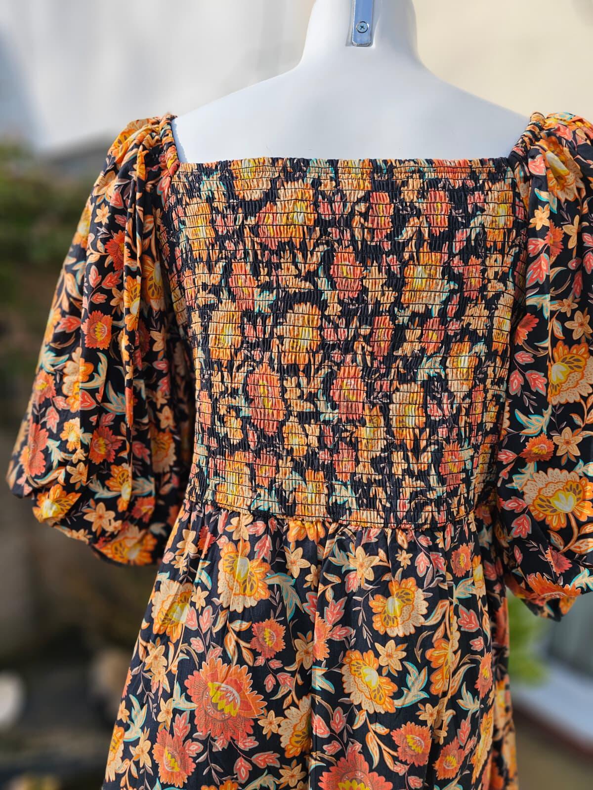 Joanie Penny Floral Print Square Neck Puff Sleeve Spring Dress - UK 24