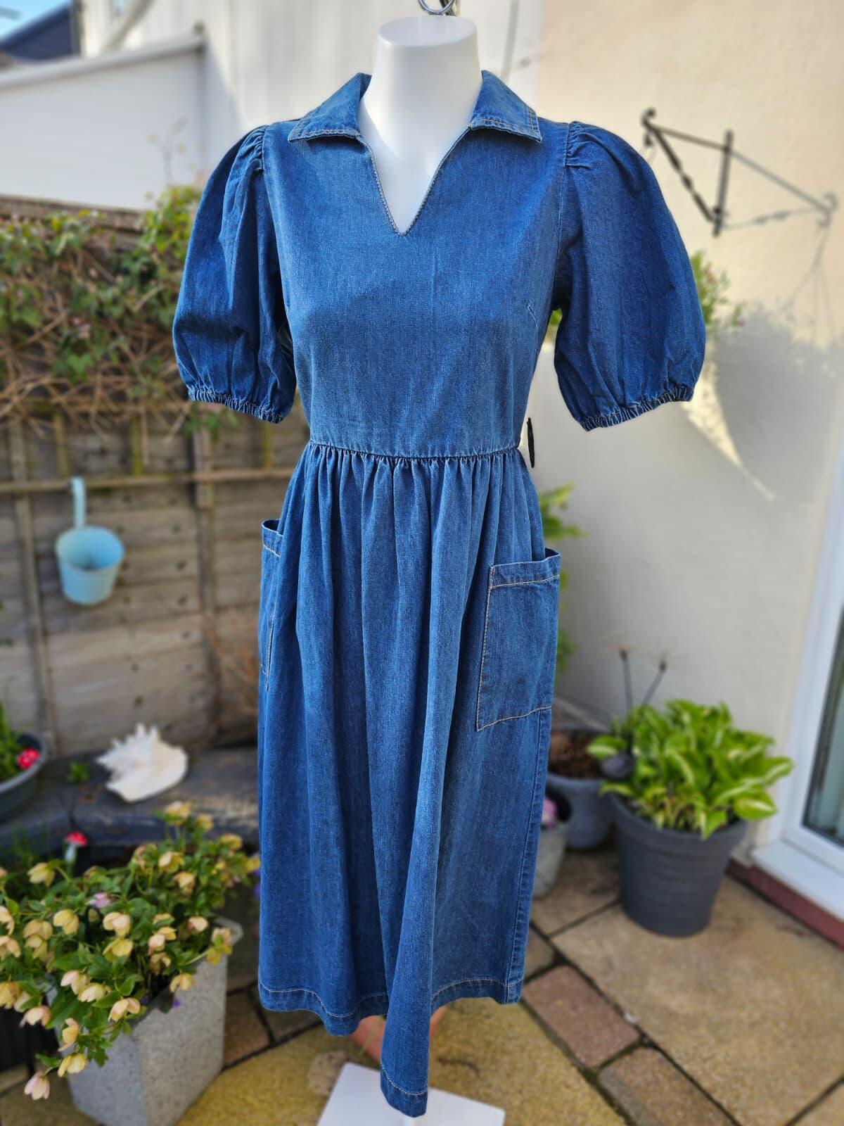 Joanie Womens Jojo Mid Wash Denim Blue Midi Casual Spring Summer Work Dress 8
