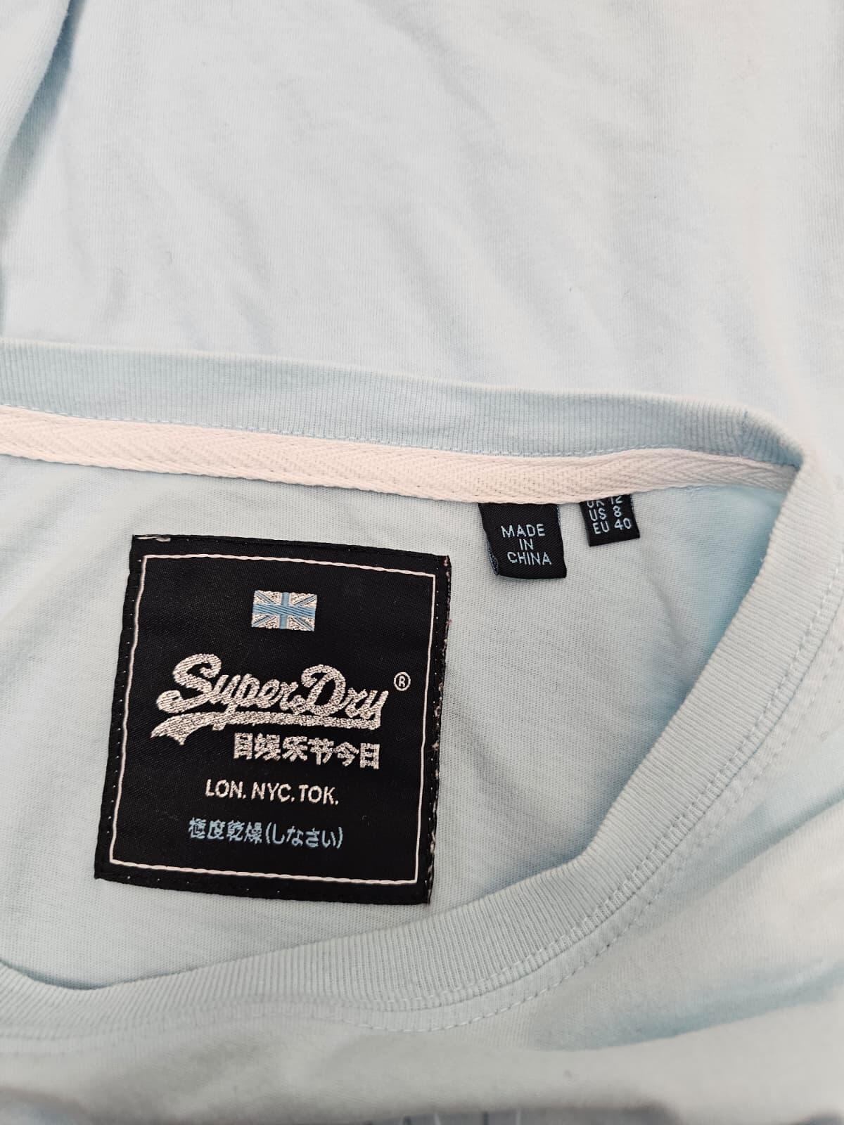 SuperDry Women's Light Blue Embroidered Logo T-Shirt Size - UK 8 EU 40