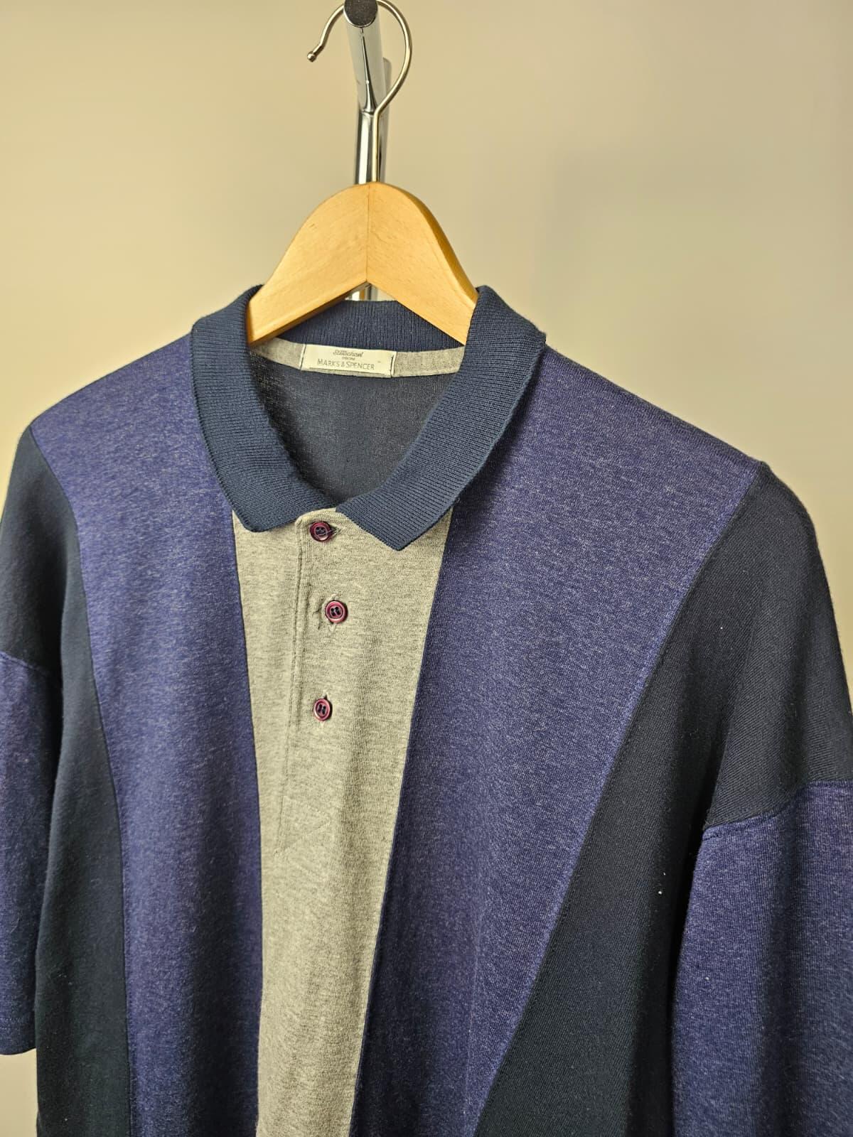 St Michael M&S Mens Vintage Button Short Sleeve Polo Shirt - L/Large -Navy/Grey