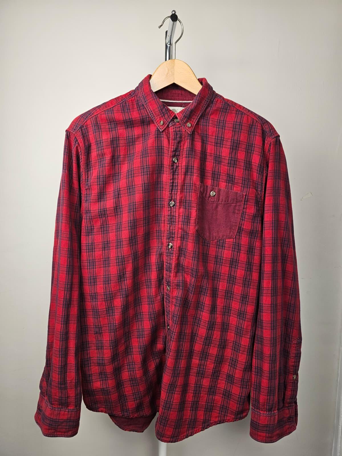 Timberland Mens Checkered Button-Up Long Sleeve Oxford Shirt - L/Large -Red/Navy
