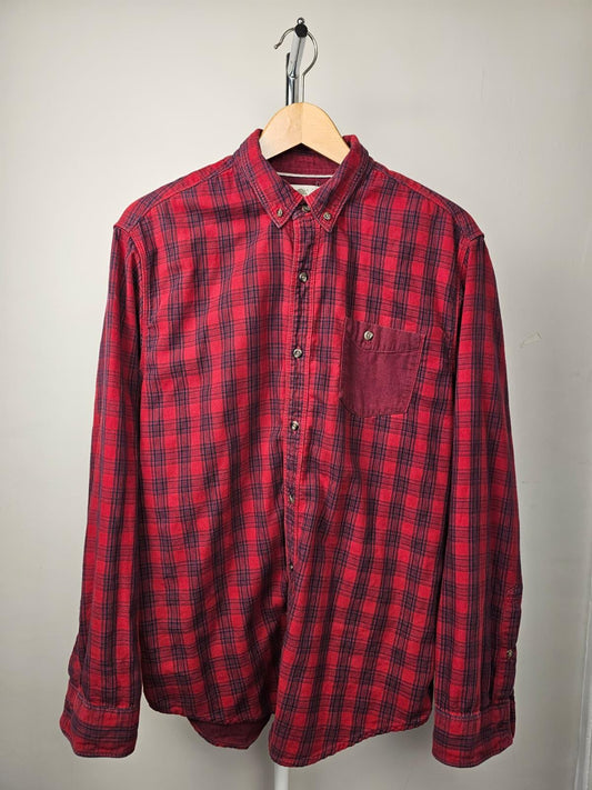 Timberland Mens Checkered Button-Up Long Sleeve Oxford Shirt - L/Large -Red/Navy