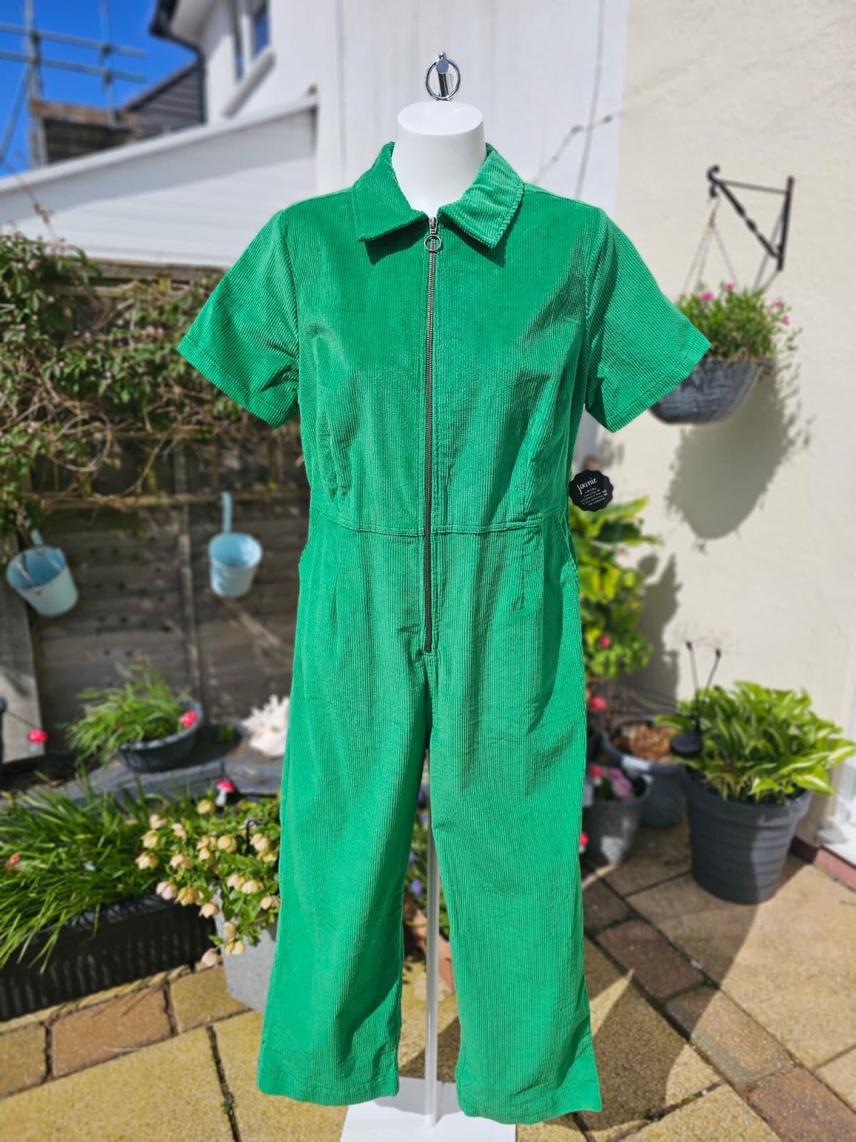 Joanie Women's Robin Short Sleeve Corduroy Zip UP Boilersuit/Jump Suit -18-Green
