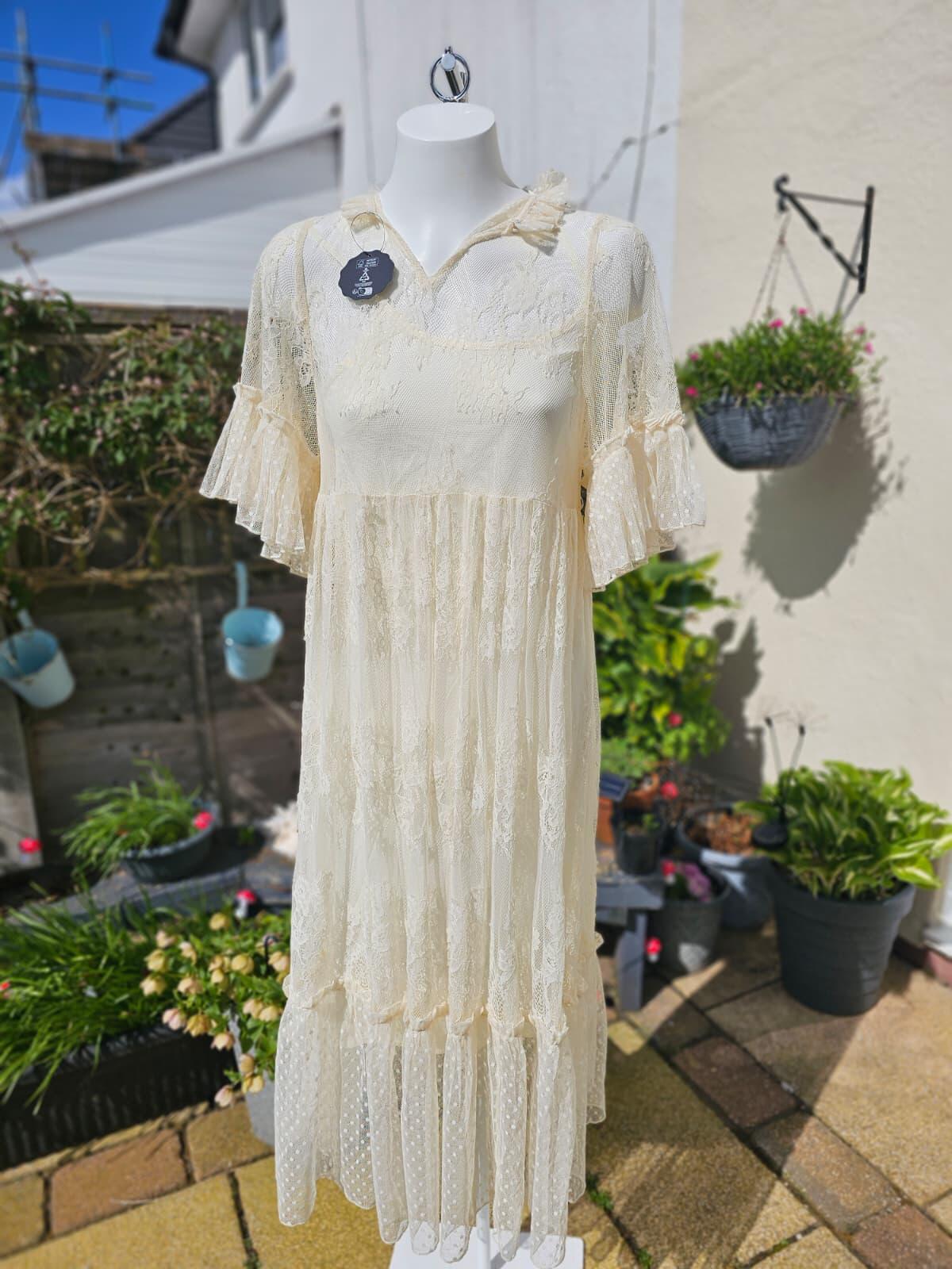 Joanie Havisham High Neck Lace Midi Dress with Ruffle Sleeves and Collar - S/8