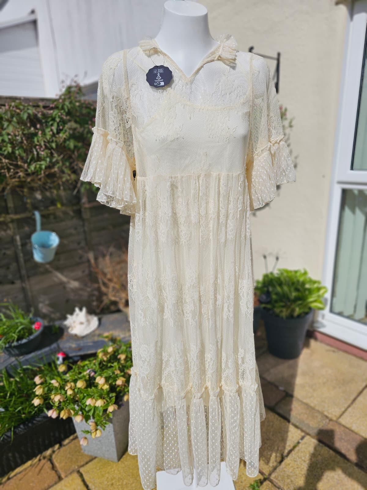 Joanie Havisham High Neck Lace Midi Dress with Ruffle Sleeves and Collar - S/8