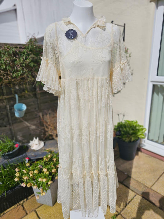 Joanie Havisham High Neck Lace Midi Dress with Ruffle Sleeves and Collar - S/8