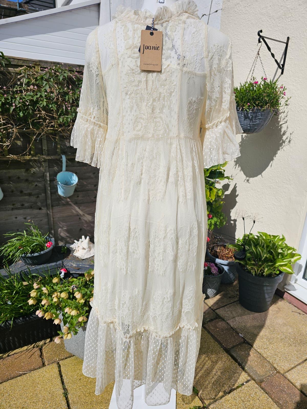 Joanie Havisham High Neck Lace Midi Dress with Ruffle Sleeves and Collar - S/8