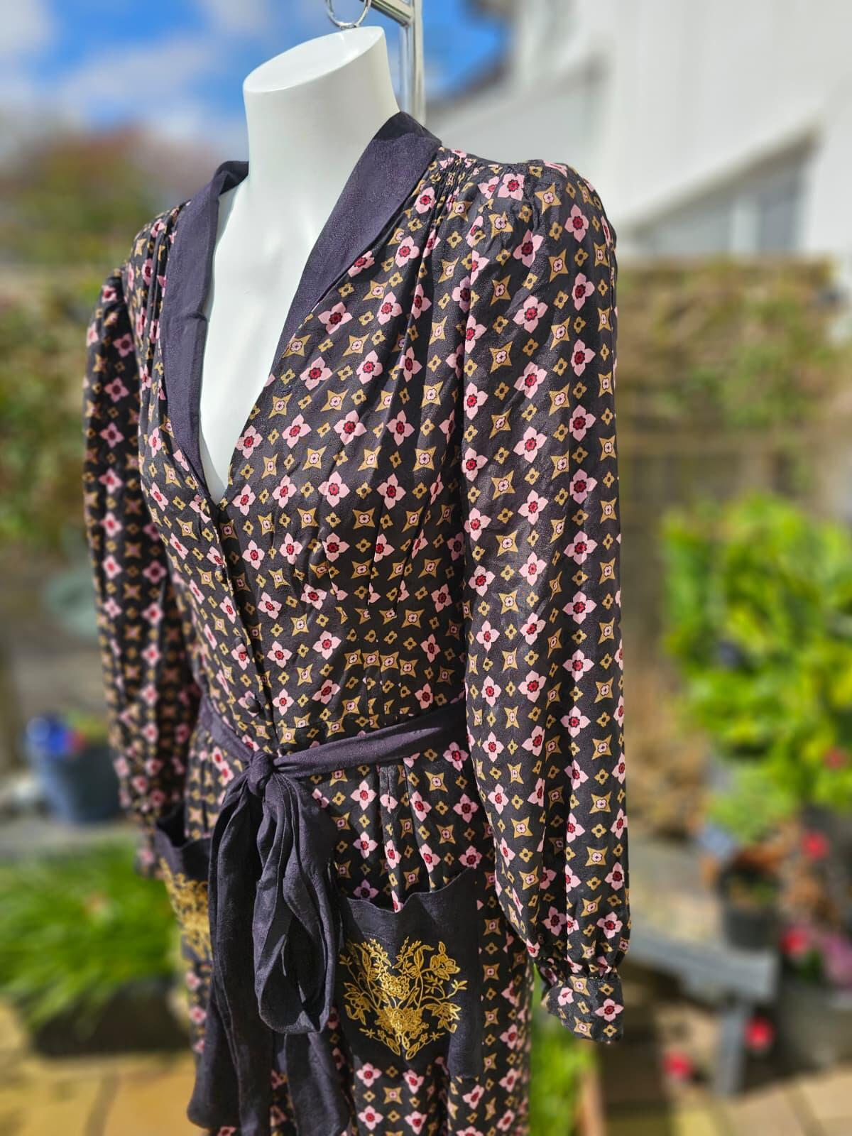 Christina Hendricks X Joanie Vetiver Foulard Print Smoking Jacket Midi Dress 14