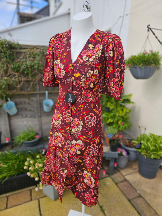 Joanie Rebecca Burgundy Floral Flower Print Puff Sleeve Midi Dress - UK 10