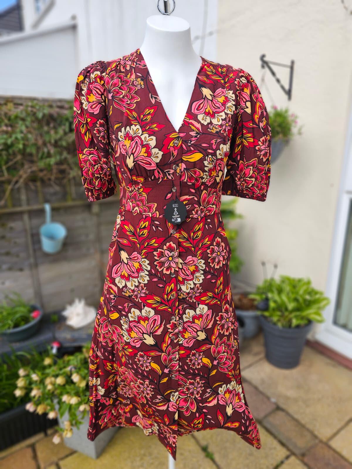 Joanie Rebecca Burgundy Floral Flower Print Puff Sleeve Midi Dress - UK 10