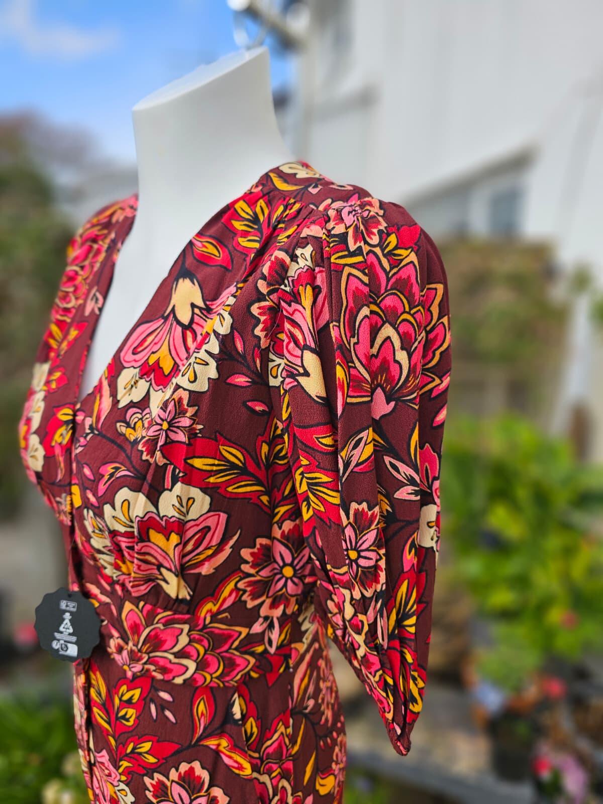 Joanie Rebecca Burgundy Floral Flower Print Puff Sleeve Midi Dress - UK 10