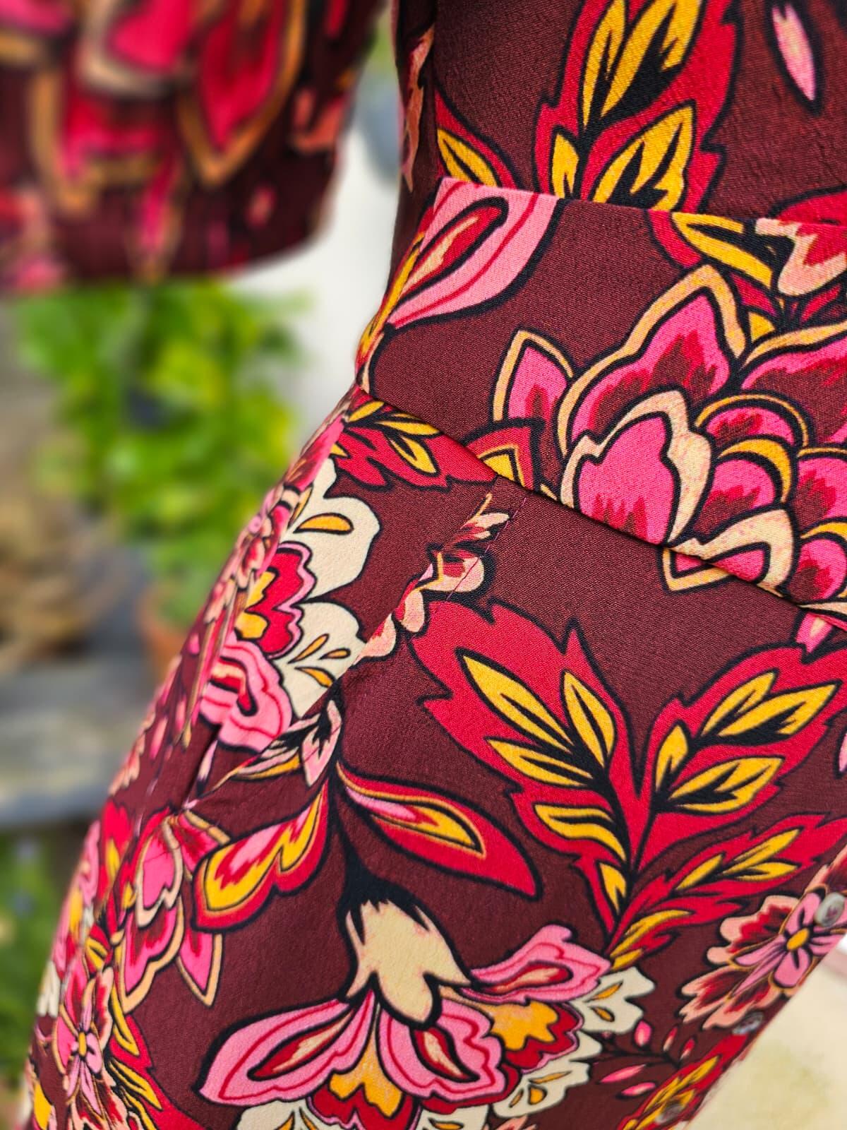 Joanie Rebecca Burgundy Floral Flower Print Puff Sleeve Midi Dress - UK 10