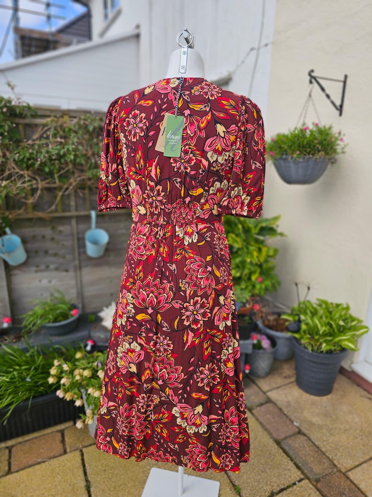 Joanie Rebecca Burgundy Floral Flower Print Puff Sleeve Midi Dress - UK 10