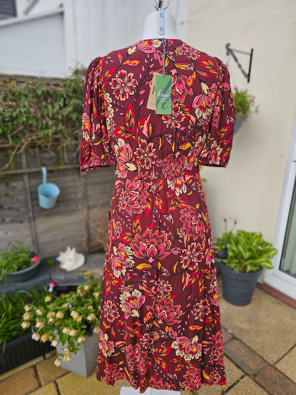 Joanie Rebecca Burgundy Floral Flower Print Puff Sleeve Midi Dress - UK 10