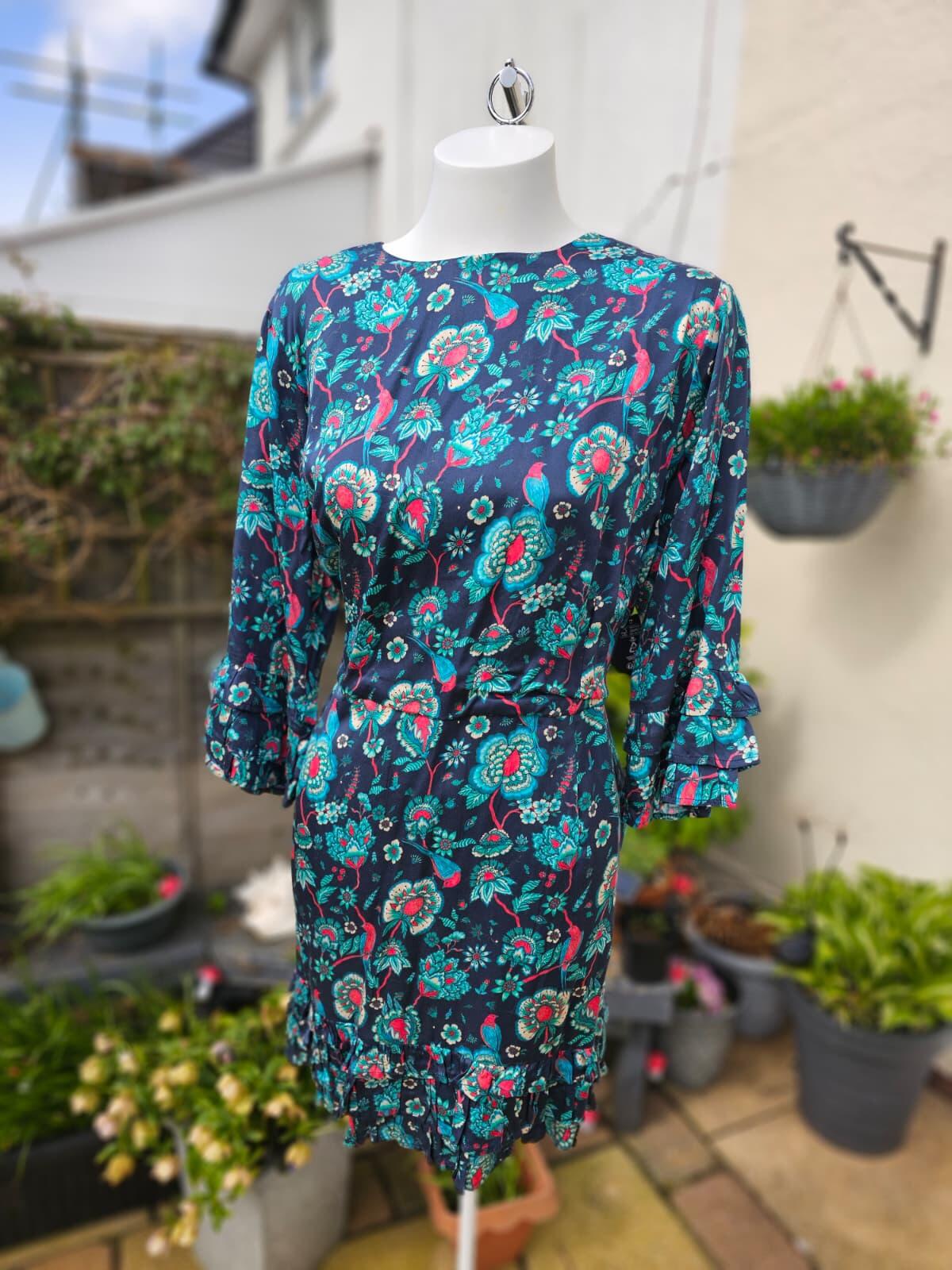 Joanie Caroline Floral Bird Floral Fauna Print Ruffle Mini Spring Dress - UK 18