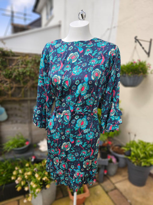 Joanie Caroline Floral Bird Floral Fauna Print Ruffle Mini Spring Dress - UK 18