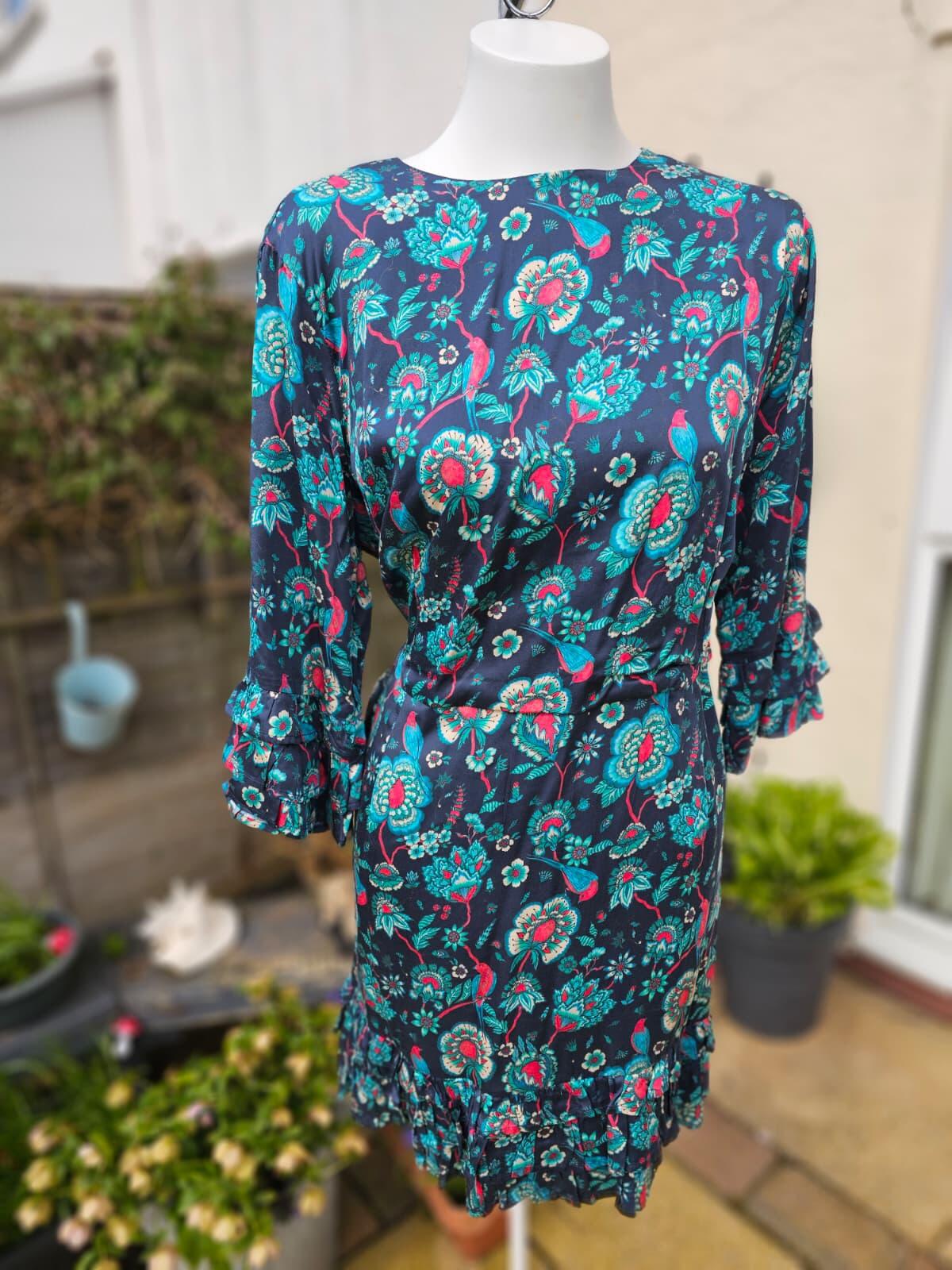 Joanie Caroline Floral Bird Floral Fauna Print Ruffle Mini Spring Dress - UK 18