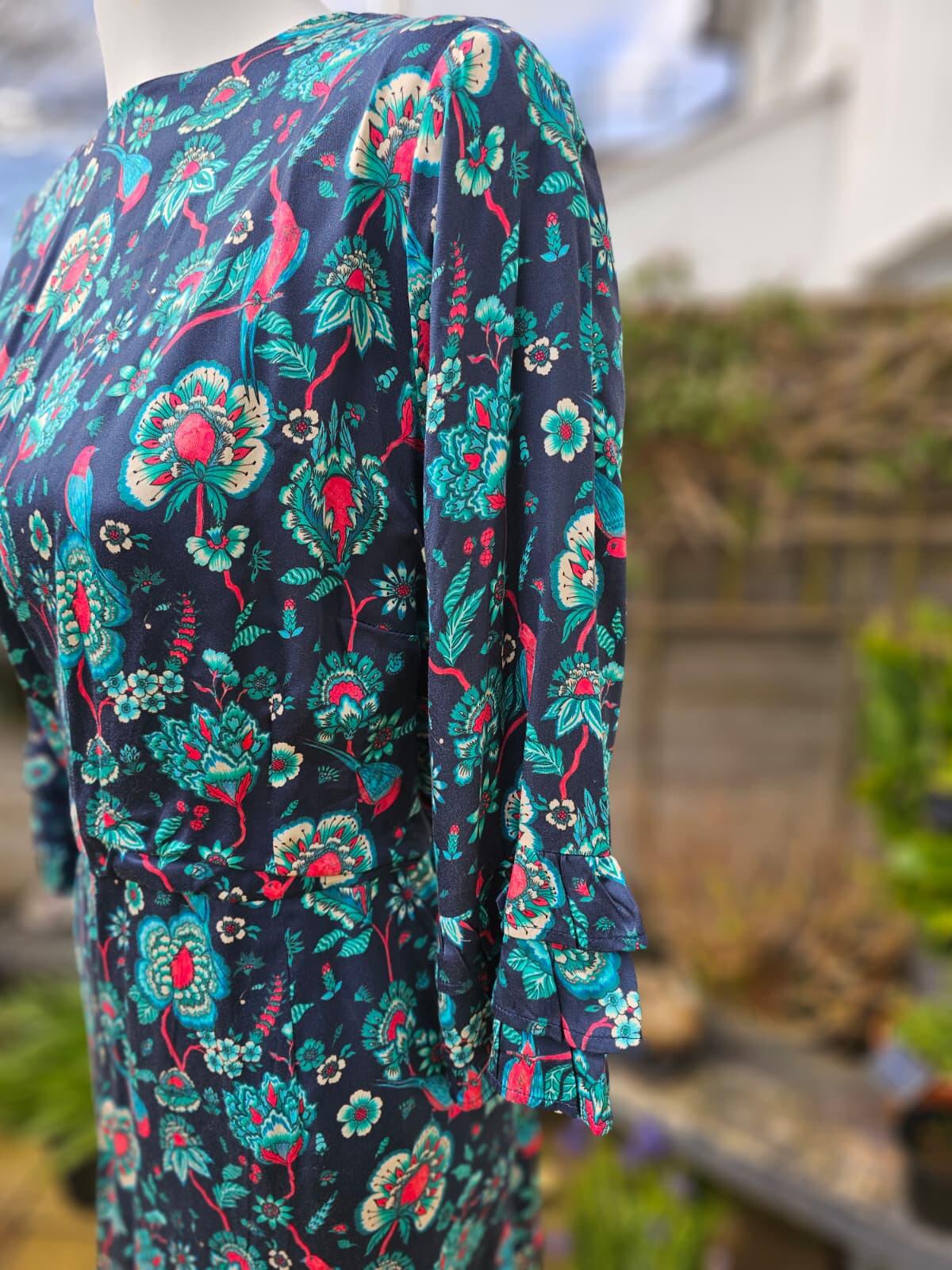 Joanie Caroline Floral Bird Floral Fauna Print Ruffle Mini Spring Dress - UK 18