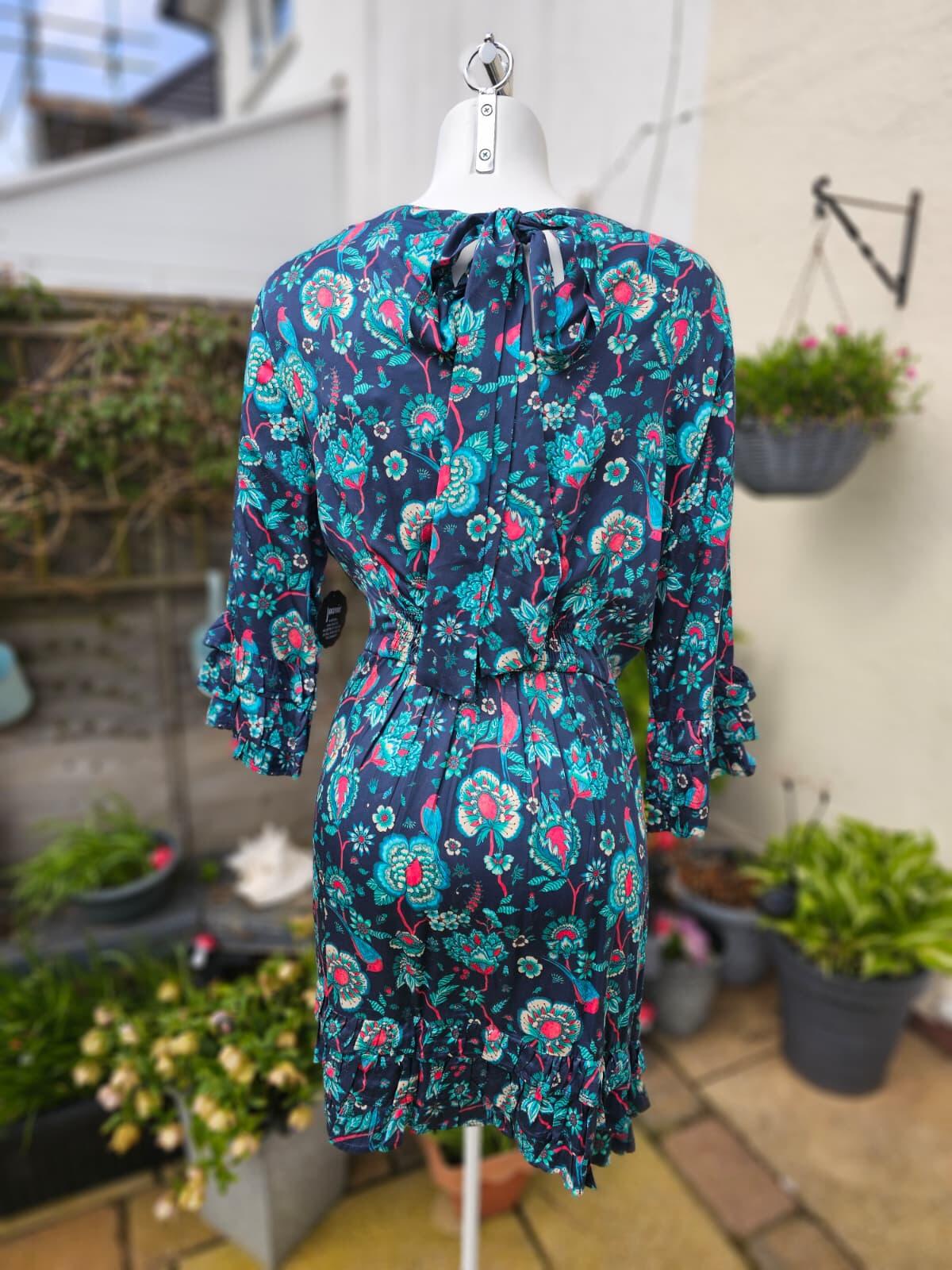 Joanie Caroline Floral Bird Floral Fauna Print Ruffle Mini Spring Dress - UK 18