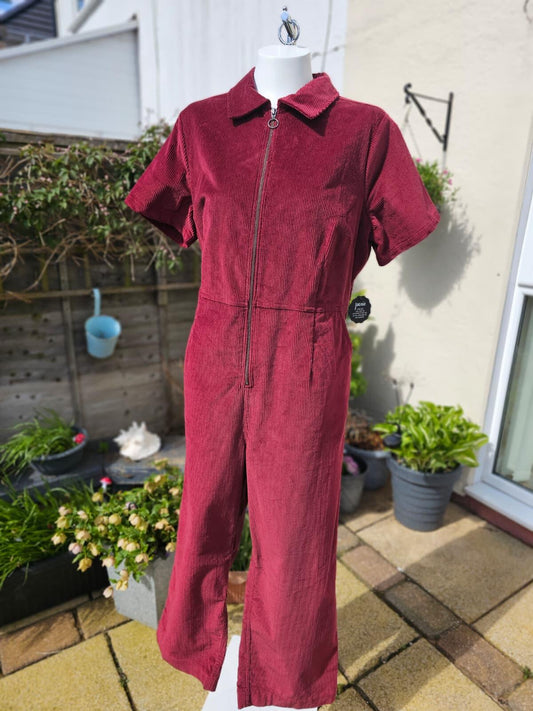 Joanie Robin Short Sleeve Corduroy Zip Up Boilersuit/Jump Suit - 18 - Burgundy