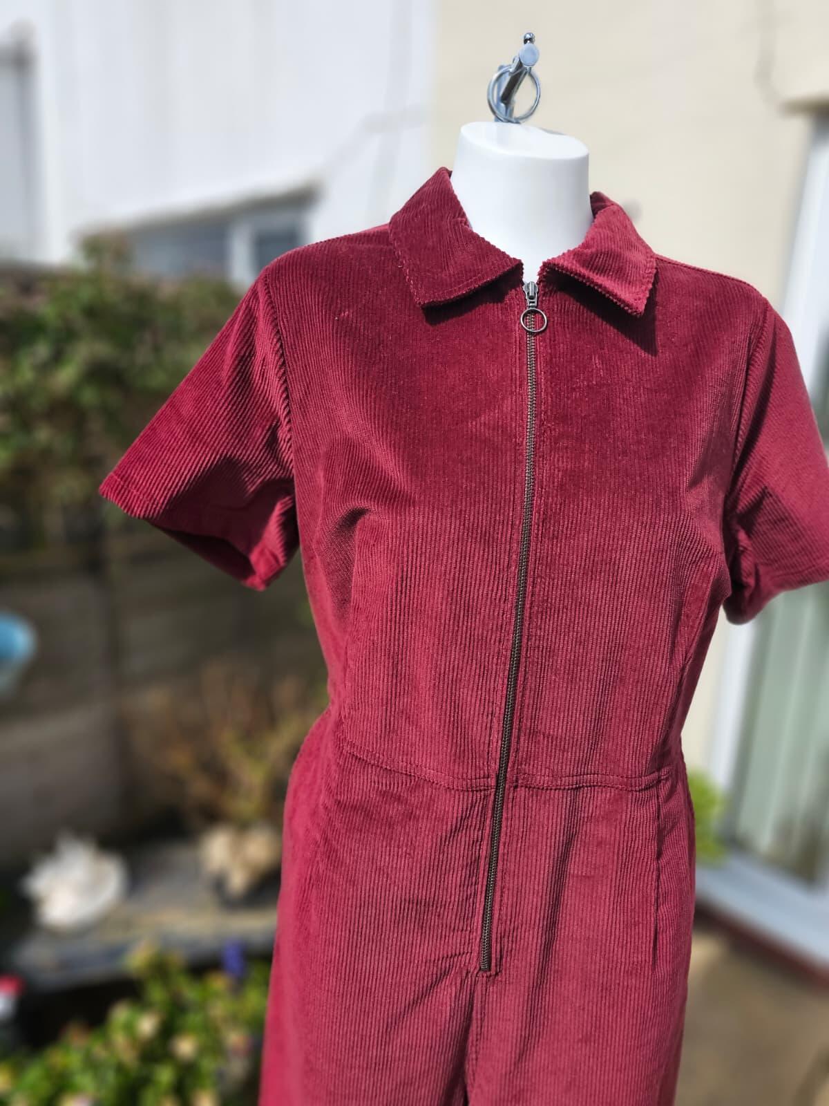 Joanie Robin Short Sleeve Corduroy Zip Up Boilersuit/Jump Suit - 18 - Burgundy
