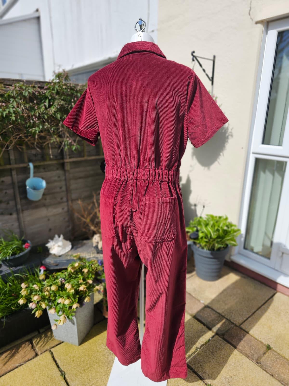 Joanie Robin Short Sleeve Corduroy Zip Up Boilersuit/Jump Suit - 18 - Burgundy