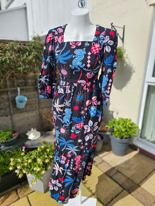 Joanie Candi Tropical Tiger Print Square Neck Midi Dress - UK 8