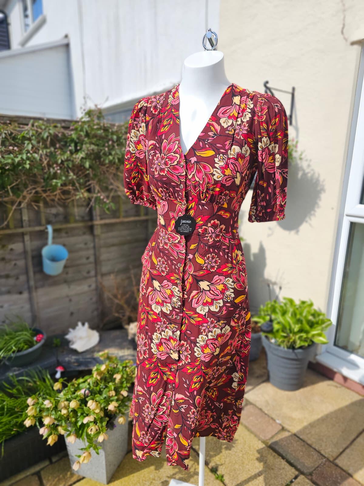 Joanie Rebecca Burgundy Floral Print Puff Sleeve Midi Spring/Summer Dress - 8