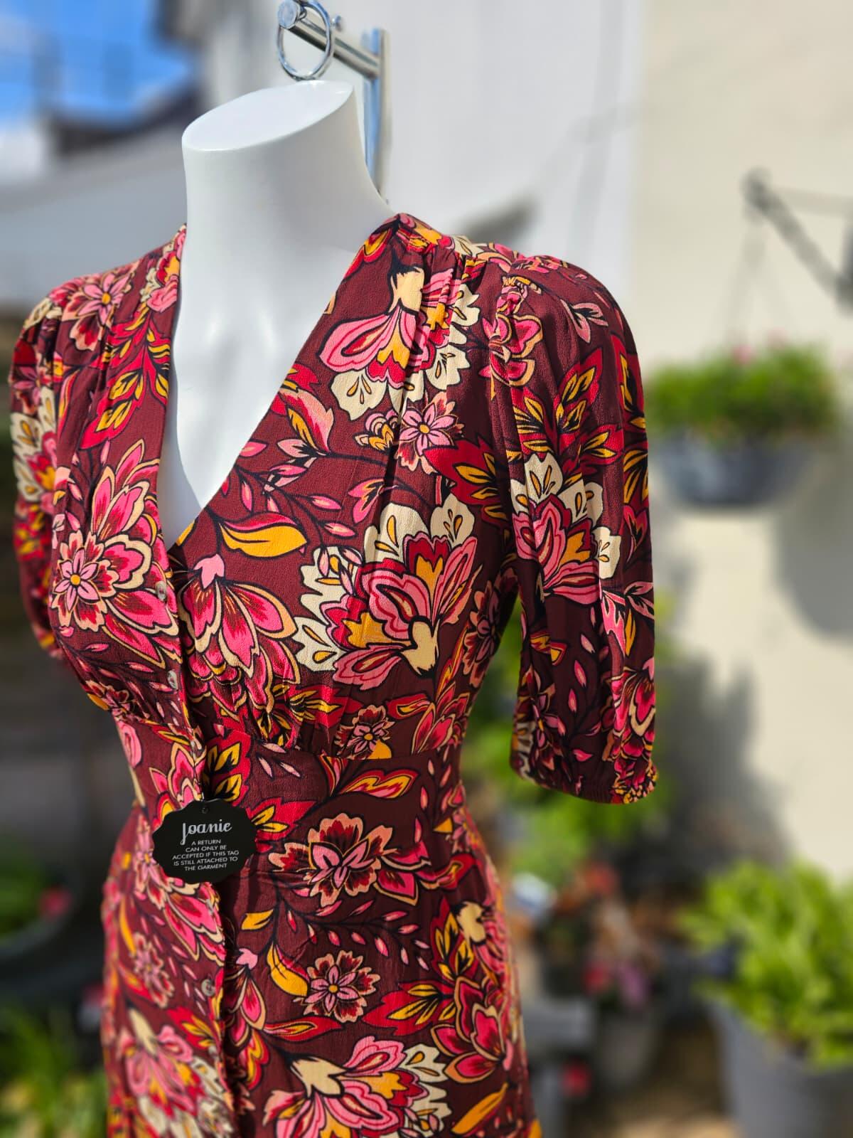 Joanie Rebecca Burgundy Floral Print Puff Sleeve Midi Spring/Summer Dress - 8