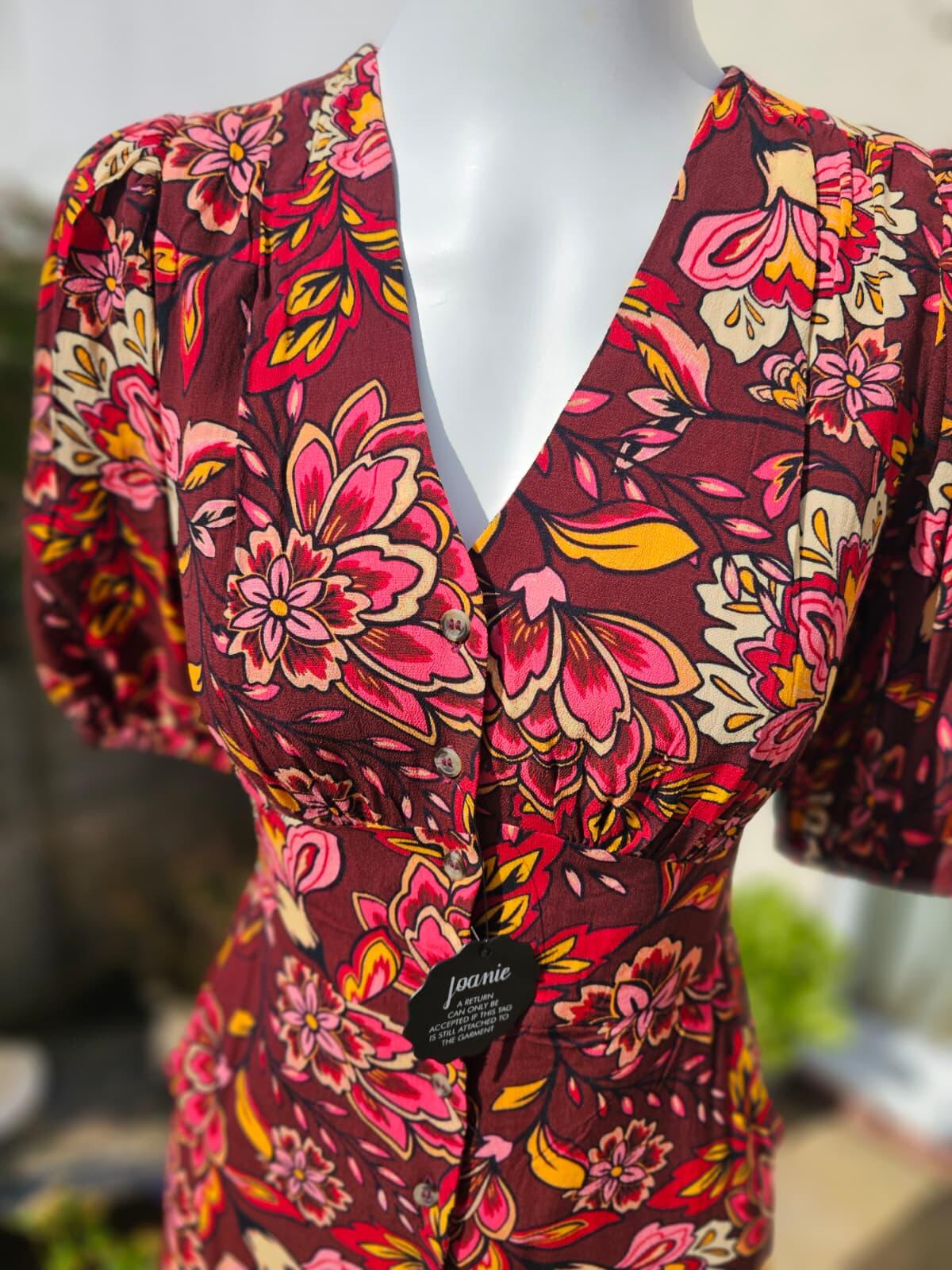 Joanie Rebecca Burgundy Floral Print Puff Sleeve Midi Spring/Summer Dress - 8