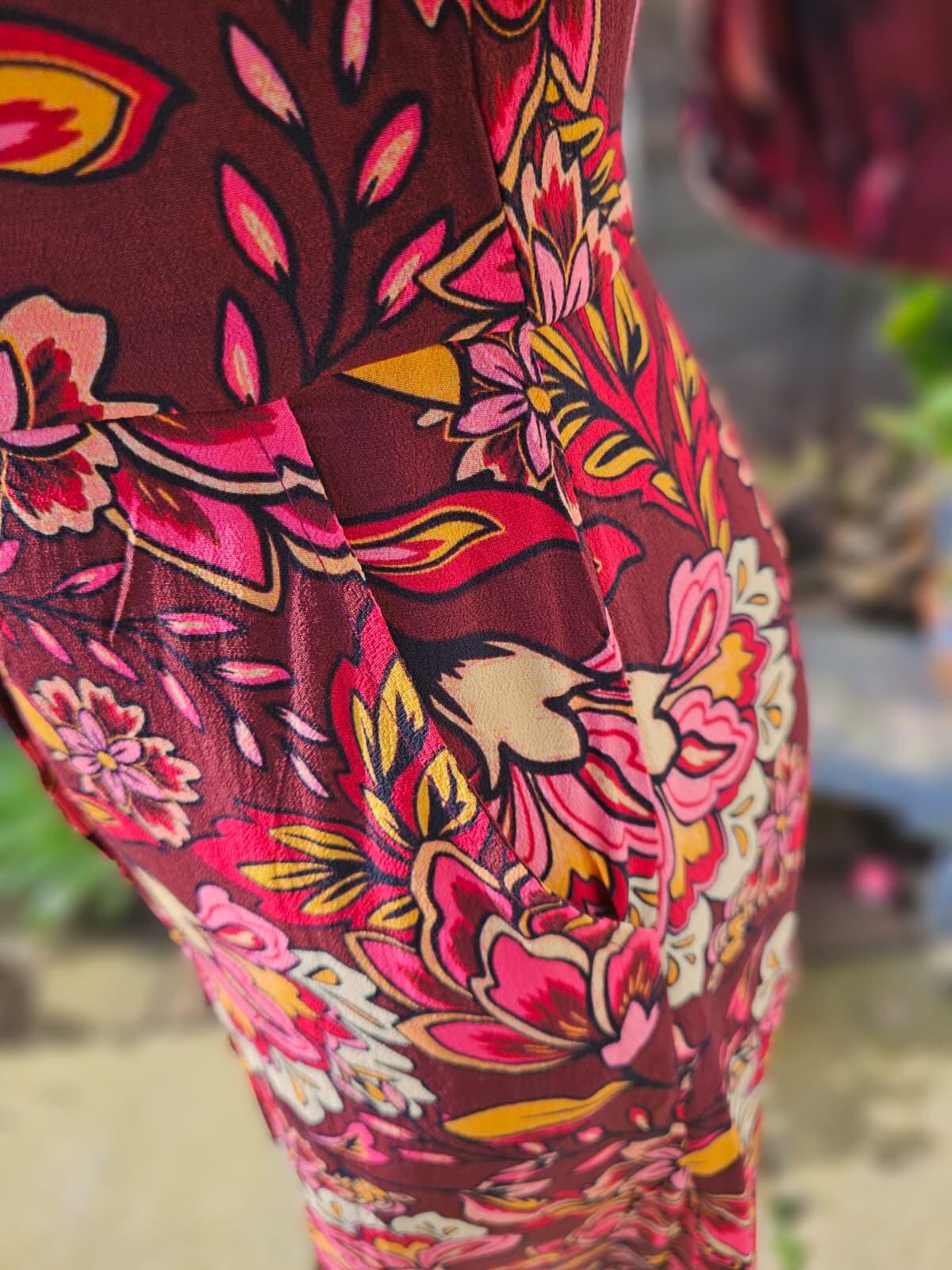 Joanie Rebecca Burgundy Floral Print Puff Sleeve Midi Spring/Summer Dress - 8
