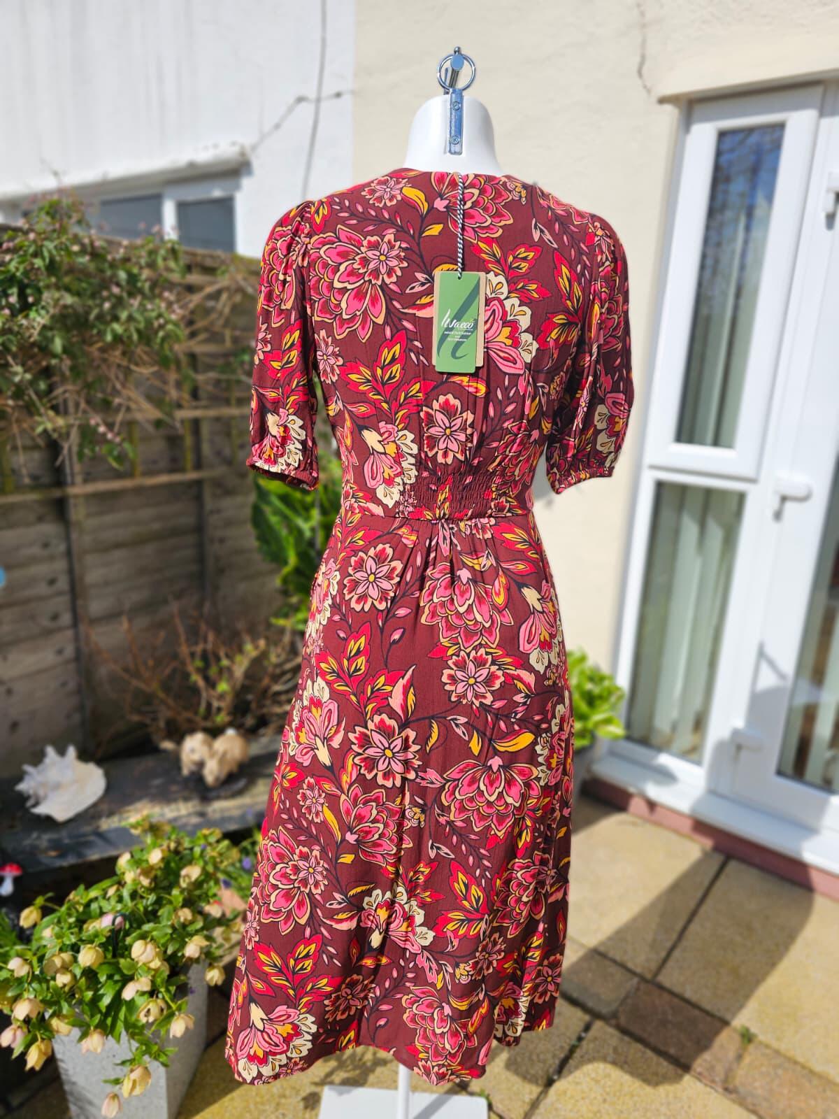 Joanie Rebecca Burgundy Floral Print Puff Sleeve Midi Spring/Summer Dress - 8