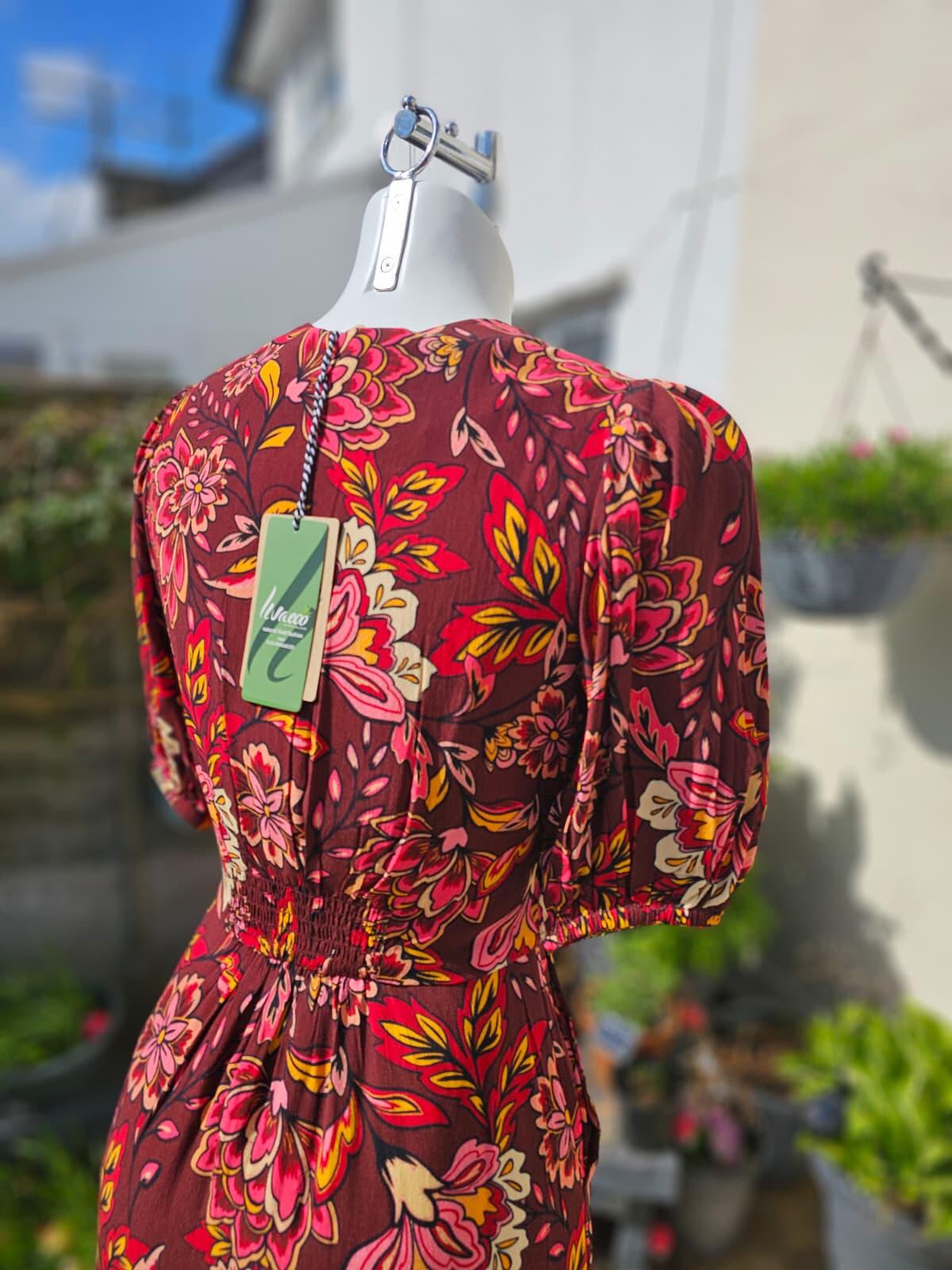 Joanie Rebecca Burgundy Floral Print Puff Sleeve Midi Spring/Summer Dress - 8