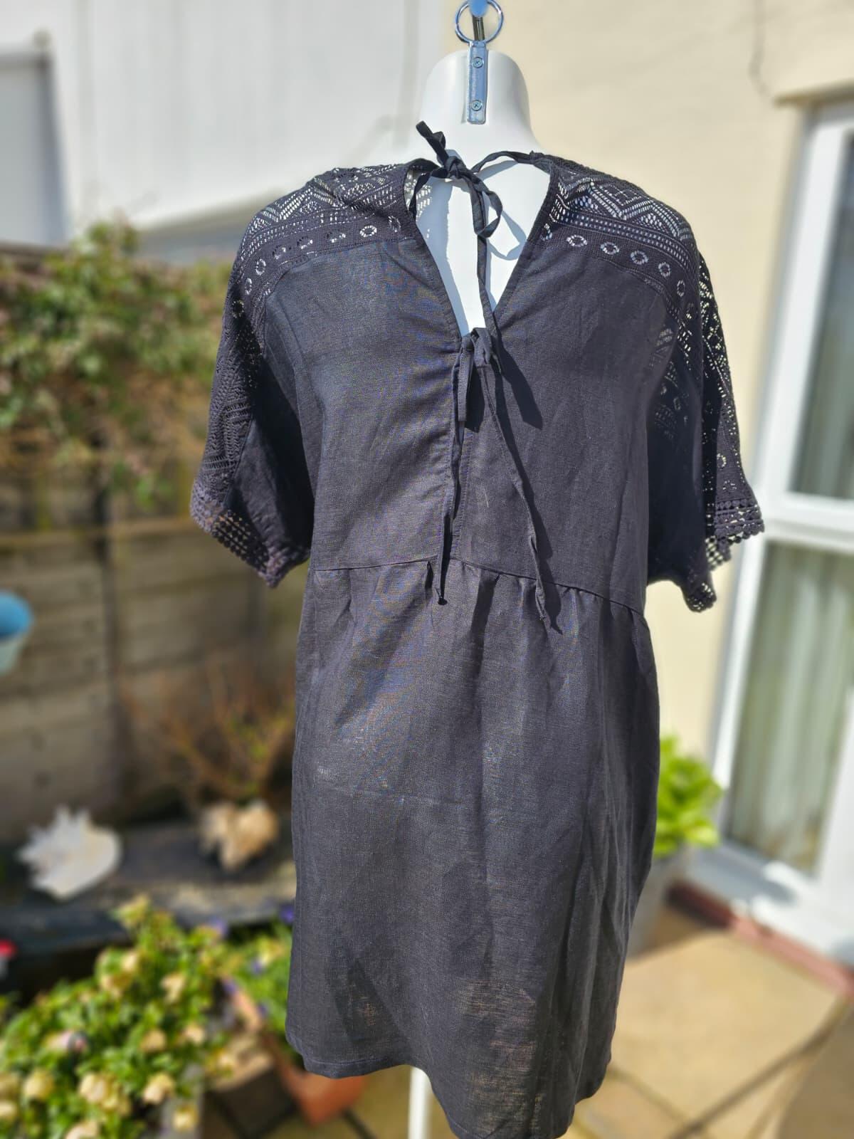 Passenger Womens Sono Linen Beach Dress Linen Boho Open Back Dress - 16 - Black
