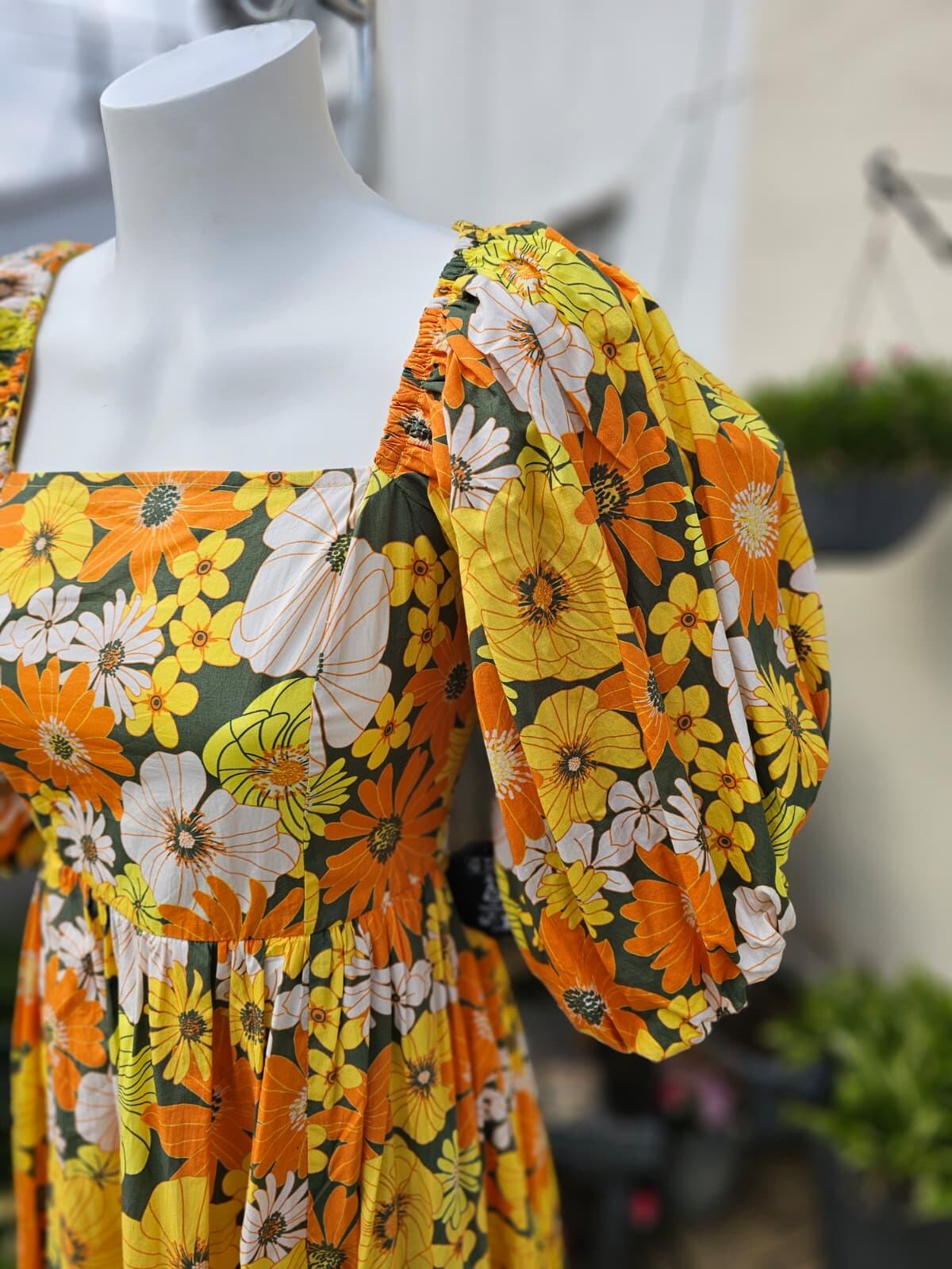 Joanie X Zeena Emma Marigold Floral Puff Sleeve Midaxi Midi/Maxi Dress UK 8