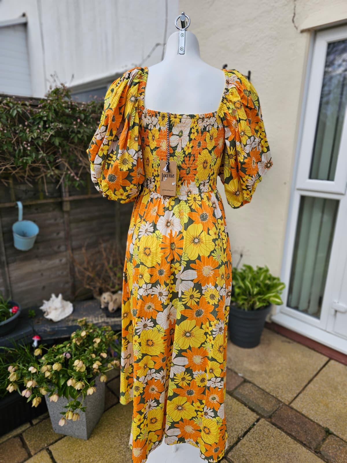 Joanie X Zeena Emma Marigold Floral Puff Sleeve Midaxi Midi/Maxi Dress UK 8