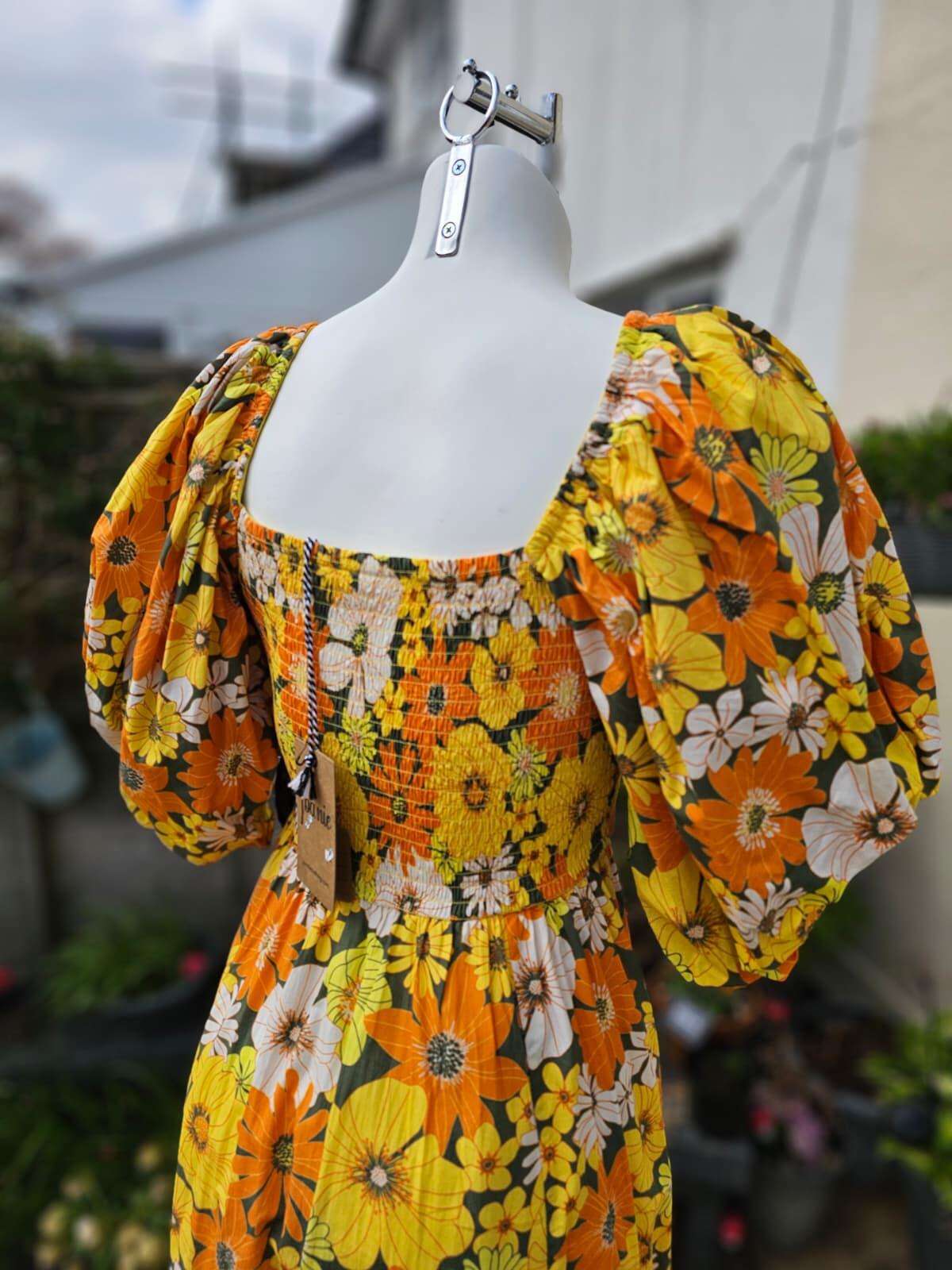 Joanie X Zeena Emma Marigold Floral Puff Sleeve Midaxi Midi/Maxi Dress UK 8