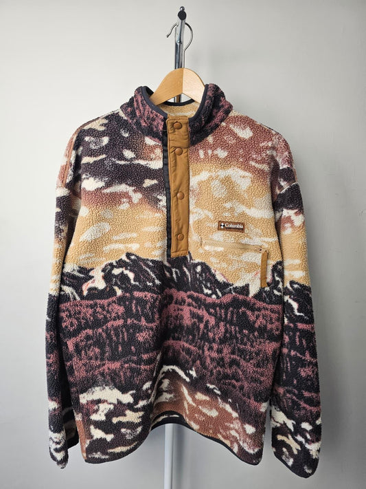 Columbia Mens Snap Button Pullover Mountain Scenery Print Fleece Jumper - M