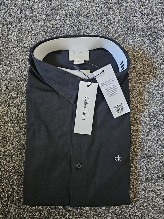 Calvin Klein Mens Long Sleeve Embroidered Shirt - L/Large - Black - Slim Fit