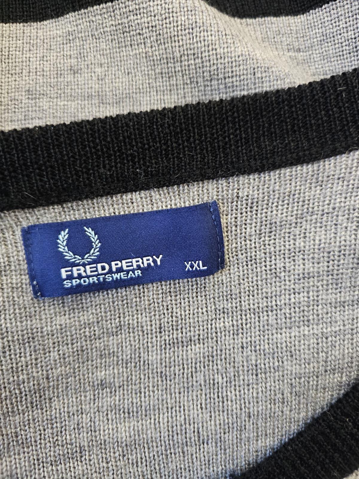 Fred Perry Mens Striped Pullover V-Neck 100% Wool Jumper - XXL/2XL - Stripey