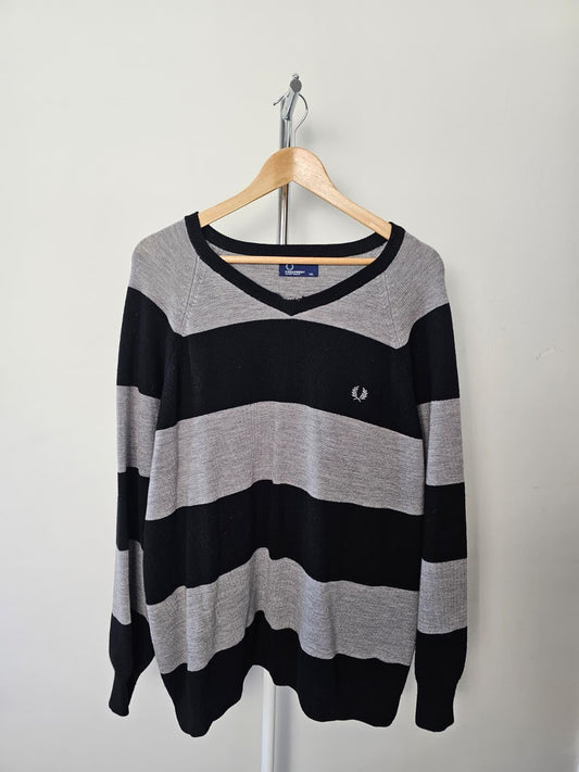 Fred Perry Mens Striped Pullover V-Neck 100% Wool Jumper - XXL/2XL - Stripey