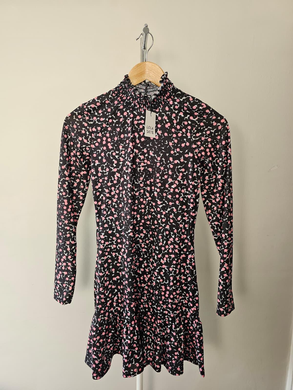 Lola Skye High-Neck Long Sleeve Mini Dress - Spots - UK 6 - New With Tags