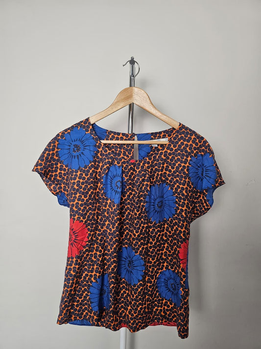 Boden Women's Silk Blend Floral Short Sleeve Round Neck Pattern Blouse - UK 12