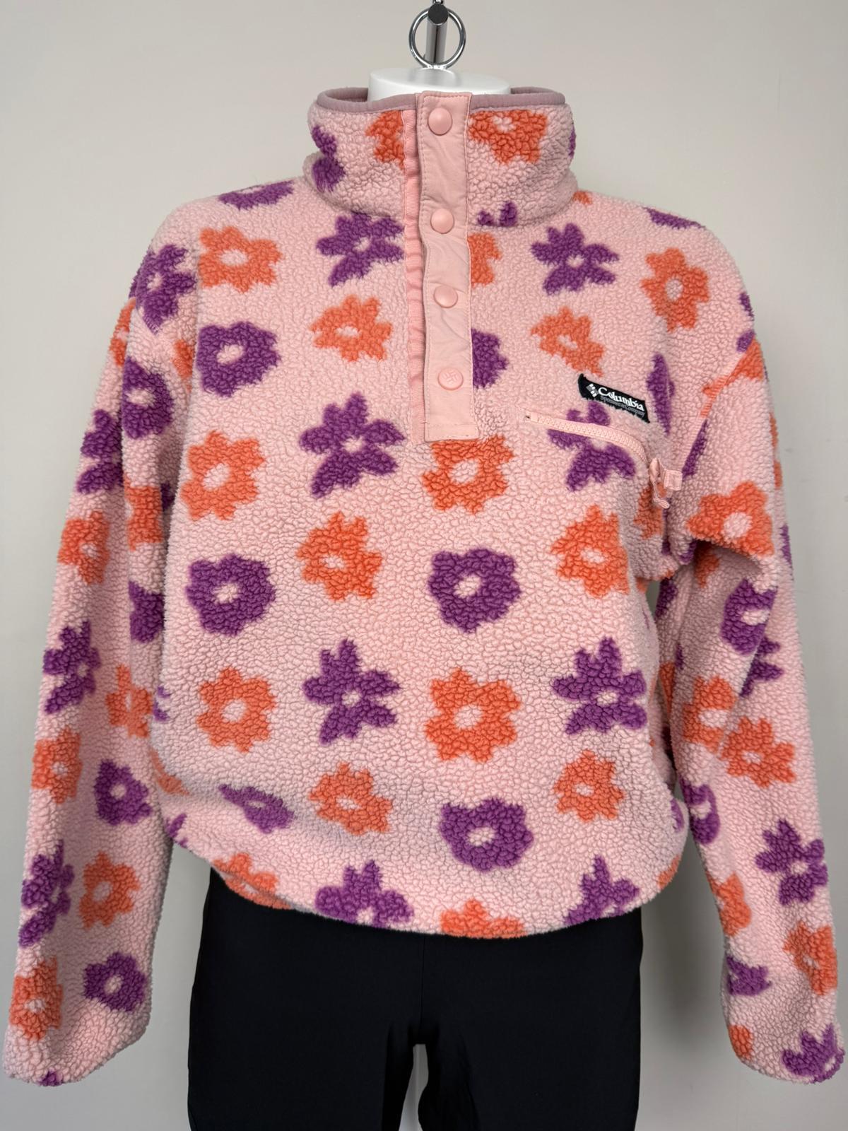 Columbia Cropped Pullover Snap Button Daisy Flower Print Fleece Jumper -M/Medium